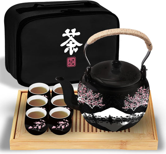 Traditional Japanese Tea Set - Ceramic Tea Set with Teapot, 6 Tea Cups, 1 Bamboo Tea Tray & Storage Gift Bag for Travel, Home or Outdoor, Tea Sets for Adults with Teapot and Tray, Men or Women | 茶具