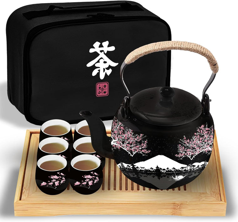 Traditional Japanese Tea Set - Ceramic Tea Set with Teapot, 6 Tea Cups, 1 Bamboo Tea Tray & Storage Gift Bag for Travel, Home or Outdoor, Tea Sets for Adults with Teapot and Tray, Men or Women | 茶具