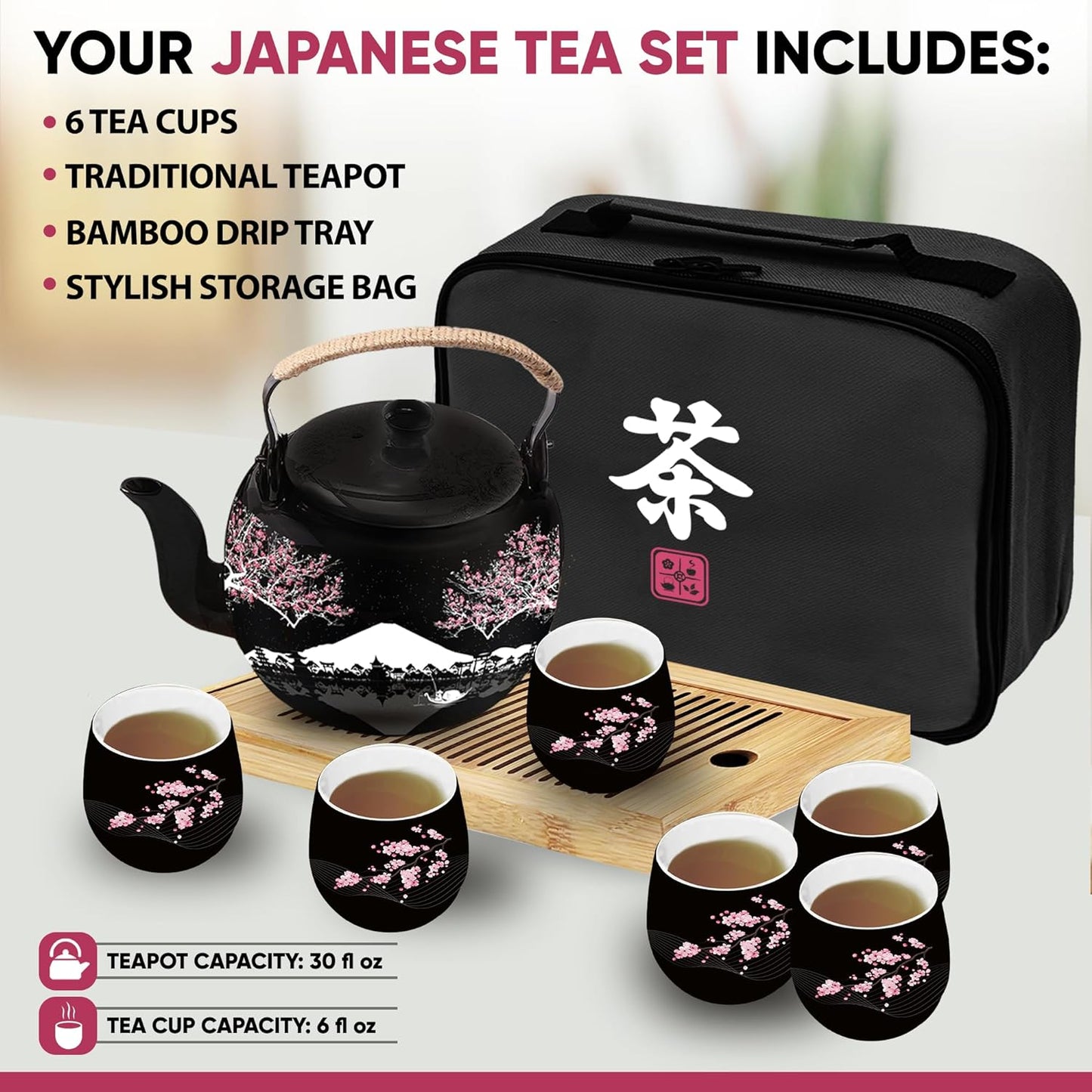 Traditional Japanese Tea Set - Ceramic Tea Set with Teapot, 6 Tea Cups, 1 Bamboo Tea Tray & Storage Gift Bag for Travel, Home or Outdoor, Tea Sets for Adults with Teapot and Tray, Men or Women | 茶具