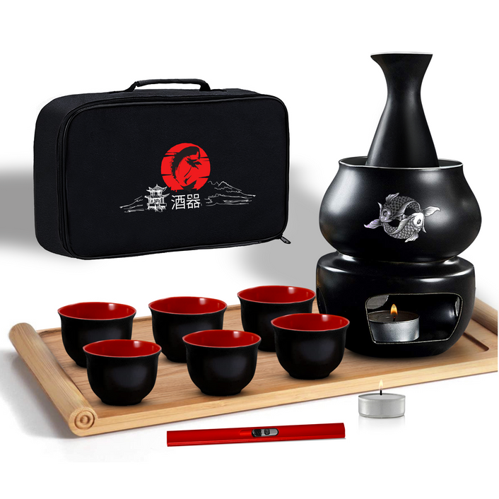 Japanese Sake Set with Warmer – 6 x Sake Cups, Sake Bottle, Candles, Lighter & Sake Warmer for Sake Japanese Wine – Easy Cup Sake – Saki Cup Set with Electric Sake Warmer Sake Glasses – Sake Squirter