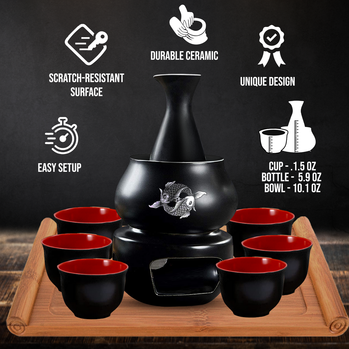 Japanese Sake Set with Warmer – 6 x Sake Cups, Sake Bottle, Candles, Lighter & Sake Warmer for Sake Japanese Wine – Easy Cup Sake – Saki Cup Set with Electric Sake Warmer Sake Glasses – Sake Squirter